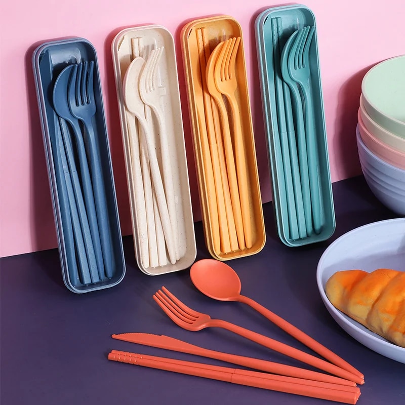 Eco Friendly Travel Cutlery Set: 4Pcs Wheat Straw Dinnerware Knife, Fork, Spoon, Utensil Box, Chopsticks BS452 4C