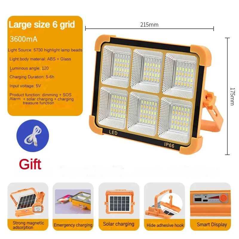 Camping Lantern Solar Rechargeable LED Tent Light With Magnet Powerful Flashlight & Power Bank For Emergency,Repair Use 6gird 3600ma