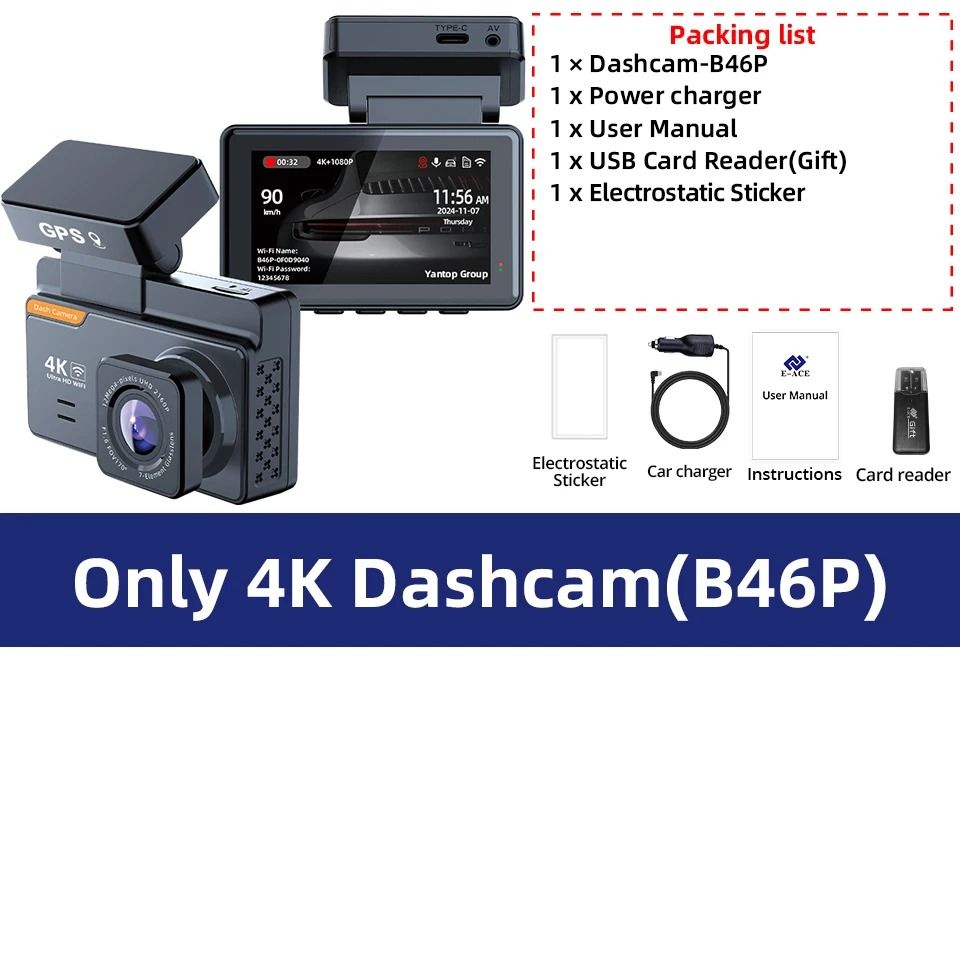 4K Front And Rear Car Camera With GPS WIFI And Night Vision Dash Cam Recorder package 1 128gb