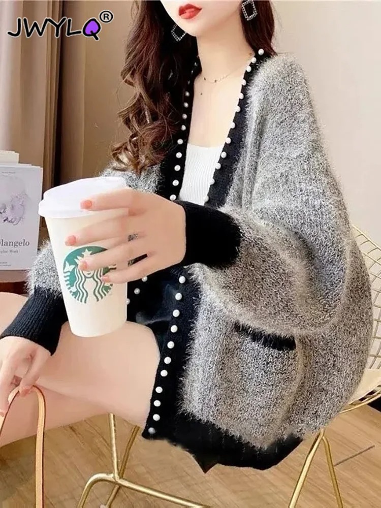 Autumn Winter Thick Warm Chic Beading Sweater Fashion Loose Knitted Coats New Casual Soft Streetwear Women Sweater Autumn Winter Thick Warm Chic Beading Sweater Fashion Loose Knitted Coats New Casual Soft Streetwear Women Sweater Gray XXXL 65 70kg