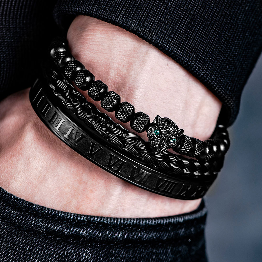 Handmade Braiding Bracelet Set, Hip Hop Men's CZ Leopard Head & Roman Numeral Stainless Steel Jewelry gold Set A