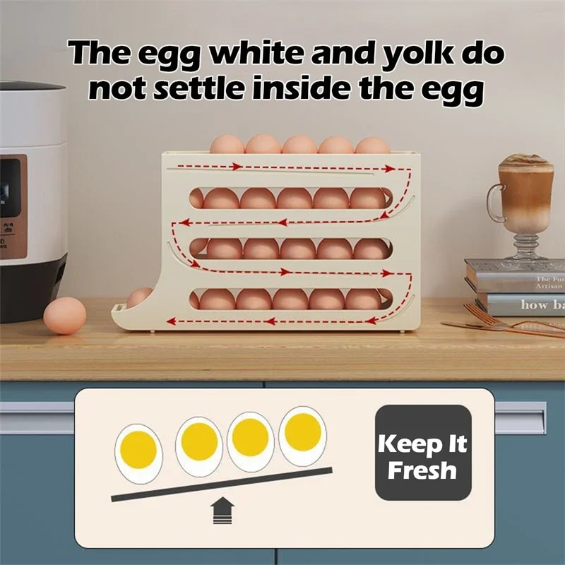 Automatic Scrolling Egg Holder: Large Capacity Refrigerator Egg Storage Box Grey