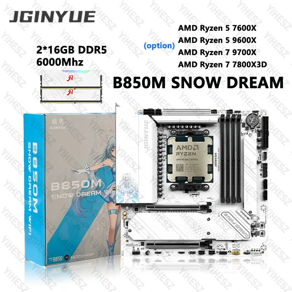 JGINYUE B850M Snow Dream WiFi AM5 Motherboard Für AMD Ryzen 5 9600X AMD Ryzen 7 9700X/7800X3D Desktop DDR5 RAM PCIe5.0x16 BT5.2 Image