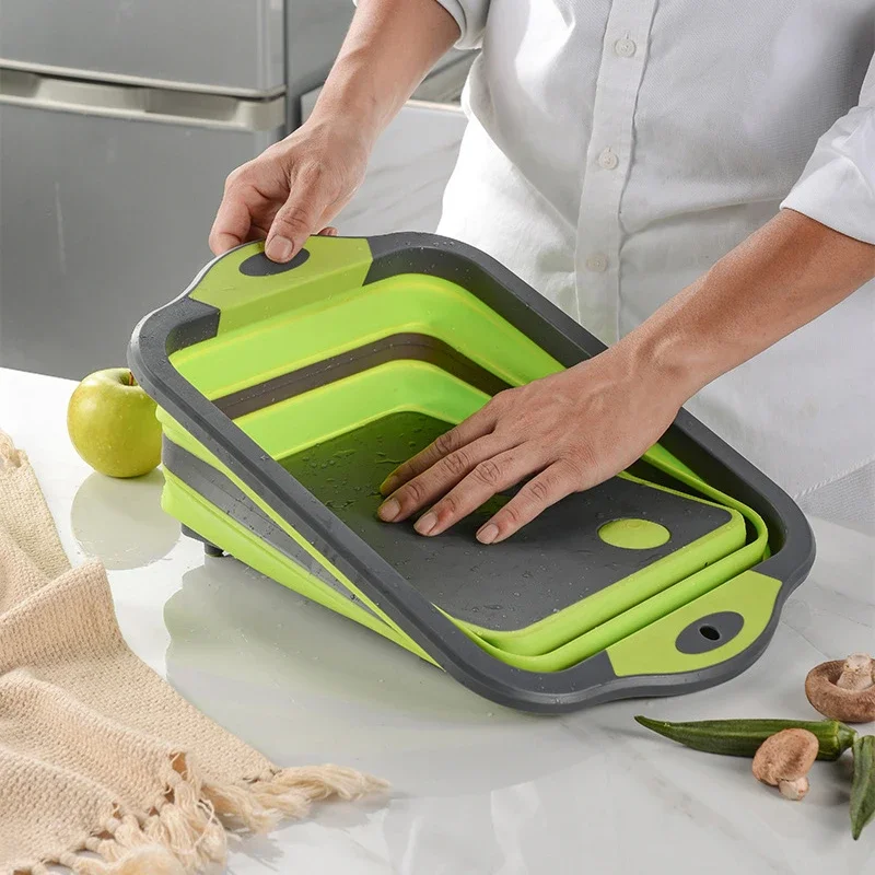 Zusammenklappbares Schneidebrett mit Sieb, multifunktionales Silikon-Klapp-Schneidebrett, Geschirr, Becken, Korb, Abtropffläche, Küchenaufbewahrung Image