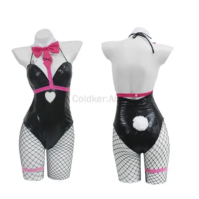 Häschenmädchen-Outfit mit Fliege und Schwanz, sexy Damen-Häschen-Cosplay, schwarzer Latex-Overall, Halloween-Party-Outfit, kompletter Anzug Image