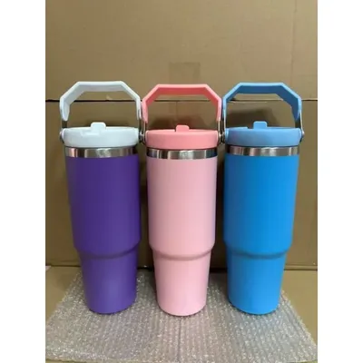 30 oz approx. 887 ml flat-bottomed cup with handle and straw cap, leak-proof, double-insulated vacuum cup, 30 oz ，approx. 887 ml