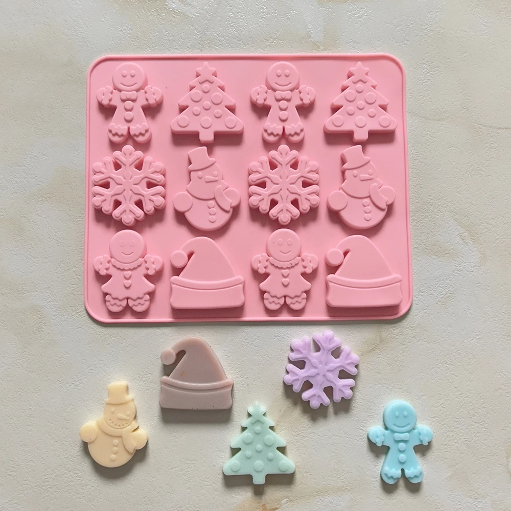 1 Stück Weihnachten, 12-Loch-Hut, Schneemann, Lebkuchenmann-förmige Silikonform, verwendet für Schokolade, Desserts, Kekse Image