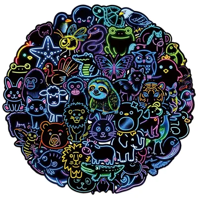 Aufkleberpaket mit Neon-Tier-Doodle (50 Designs) | Abnehmbare Neon-Aufkleber zum Basteln  (Anime Worlds Store) Image