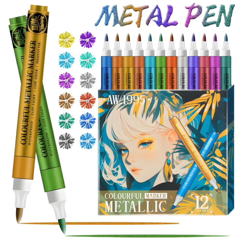 12 Farben Metallic-Acryl-Farbstifte, Metallic-Marker mit weicher Pinselspitze für Felsmalerei, Keramik, Glas, Leinwand, Becher, Holz, Osterei Image