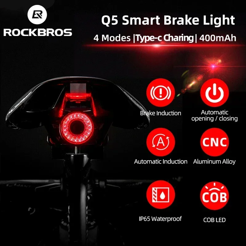 ROCKBROS Luce di rilevamento del freno automatico intelligente per bicicletta IPx6 LED impermeabile Ricarica Fanale posteriore per bicicletta Accessori per luci posteriori per bici Q5