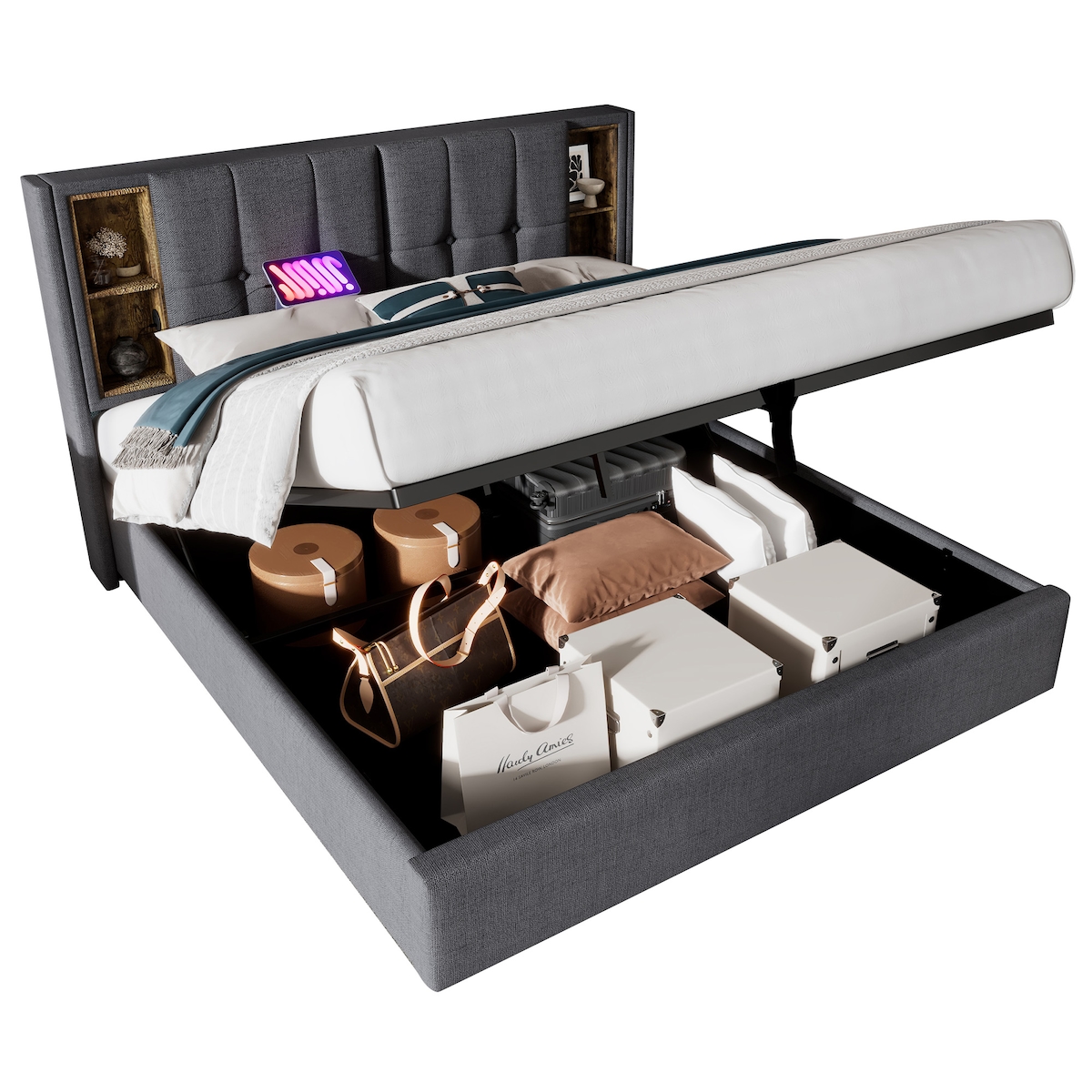 OKWISH Grau Stauraumbett 140x200 cm mit Leinenbezug, kabelloser Ladestation & Typ-C, hydraulischem Bettkasten – inkl. Lattenrost Image