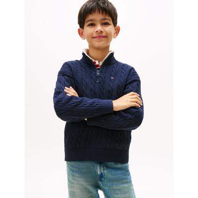 Strickpullover TOMMY HILFIGER "COTTON CABLE HALF ZIP SWEATER", Jungen, Gr. 6 (116), blau (schwarz night navy), Strick, Obermaterial: 100% Baumwolle, unifarben, casual, regular fit normal, Rundhals, Langarm eingesetzt Bündchen, Pullover, Kinder bis... Image