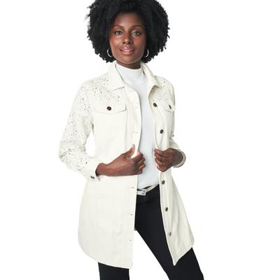 Plus Size Women's Long Denim Jacket by Jessica London in Ivory Foil Dot (Size 34 W)