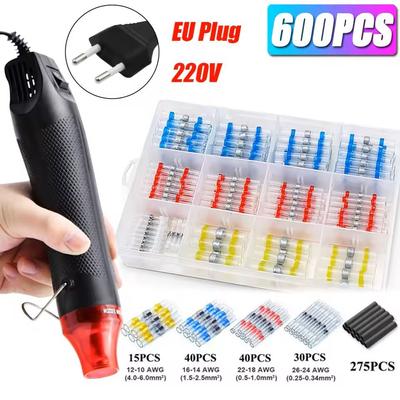 Waterproof Heat Shrink Wire Connector Kit Solder Seal Crimp Terminals With Optional Heat Gun (501200 Pcs) 600pcs Gun(220v Eu)