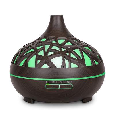 AuraMist Ultrasonic Aroma Diffuser Wood Grain Cool Mist Humidifier With Remote & 7 Color LED dark Hollow Out