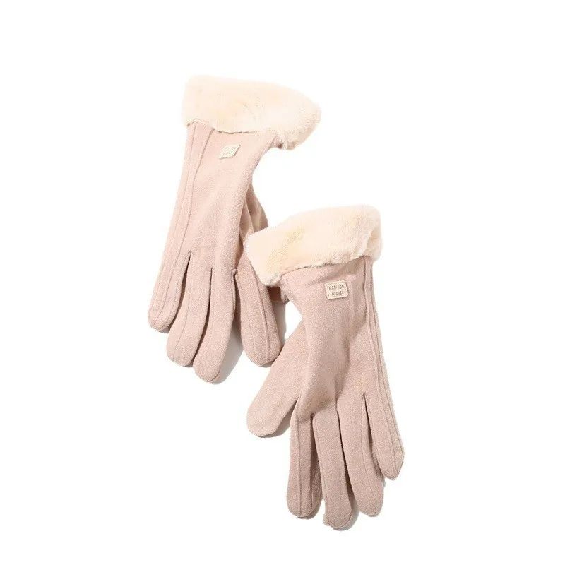 Fashion Warm Suede Women Winter Gloves, Thick Plush Touchscreen Outdoor Guantes For Cycling & Driving beige