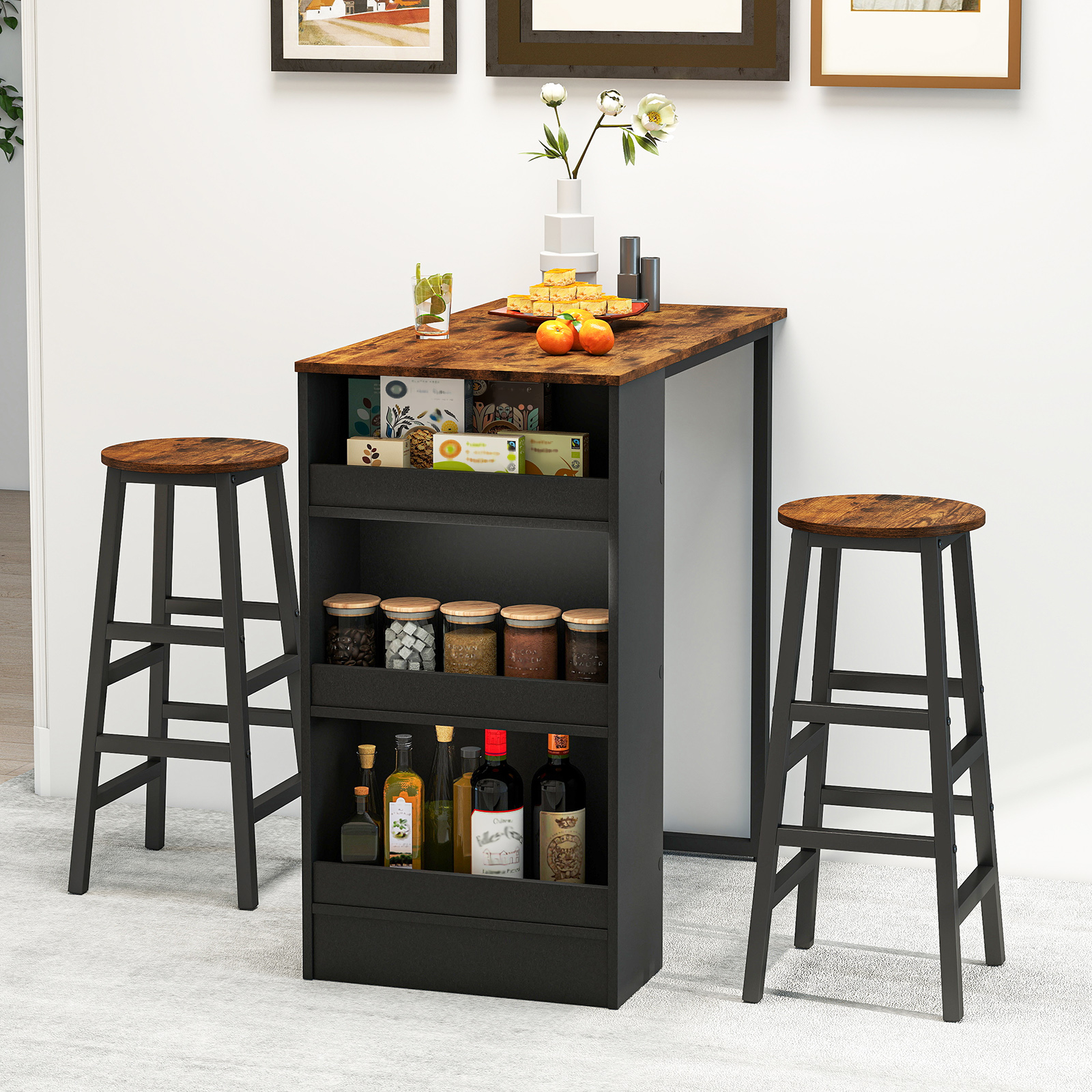 3 Piece Bar Table Set With Storage, Industrial Style Kitchen & Dining Furniture For Small Spaces 3 Piece Bar Table Set With Storage, Industrial Style Kitchen & Dining Furniture For Small Spaces