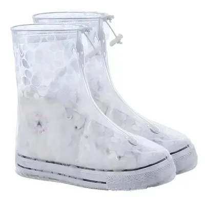 Premium Waterproof Rain Shoe Cover, Thick PVC Non Slip Protectors For Adults & Kids wave Point White xxl
