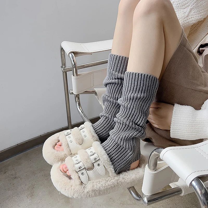 Leg Warmers For Women, Soft Knitted Pleated Long Boot Socks For Winter, Warm Knitted Knee High Socks gray one Size