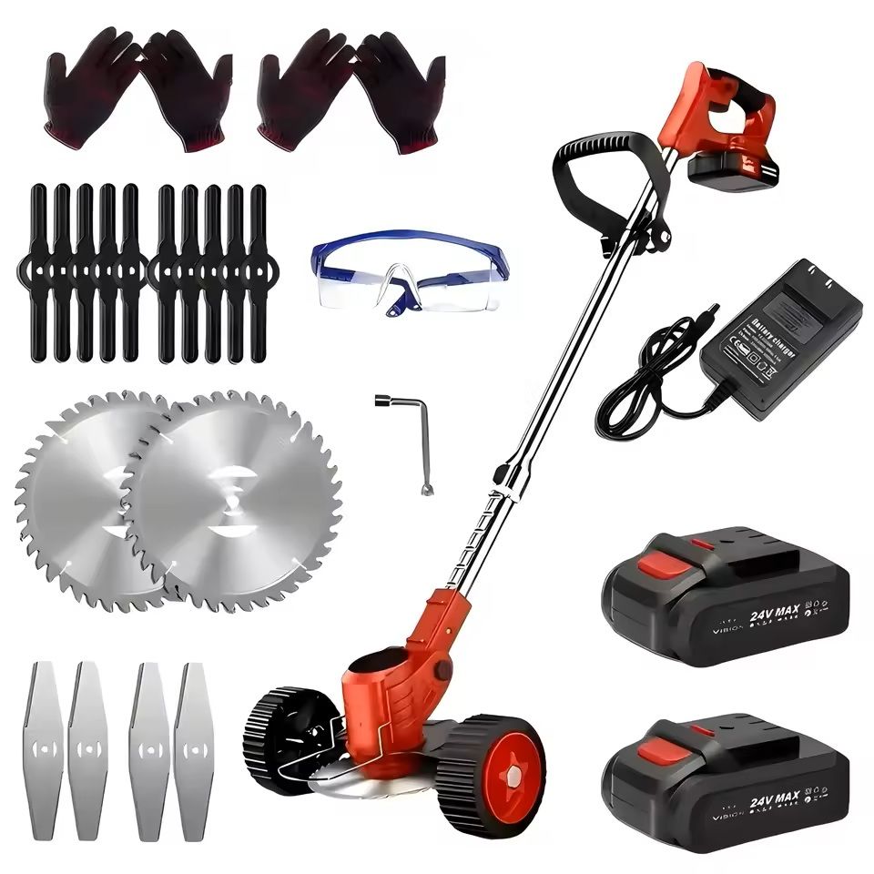 Cordless Lawn Trimmer Weed Wacker With 2 Li Ion Batteries And 3 Blade Types red