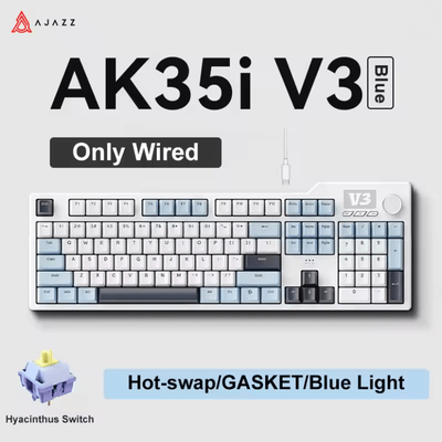 Ajazz AK35I V3 MAX Gasket Mechanical Keyboard TriMode Wired Bluetooth Wireless Gaming Keyboard wired Blue Hyacinth