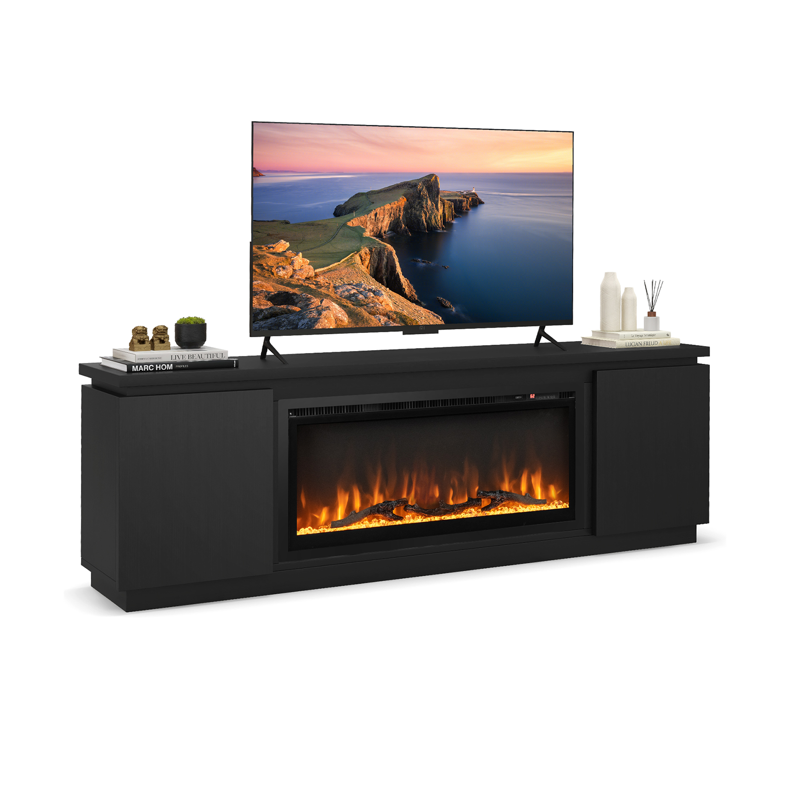 Fireplace TV Stand For TVs With Storage Cabinets, Adjustable Shelves & Electric Heater Insert, Modern Media Console Fireplace TV Stand For TVs With Storage Cabinets, Adjustable Shelves & Electric Heater Insert, Modern Media Console
