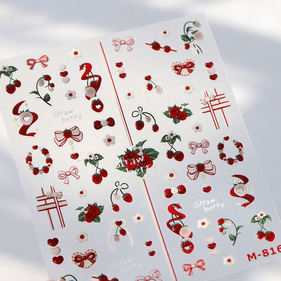 1 Piece Kawaii Red Cherry Bow Nail Stickers 5D Cute Fruit Design Adhesive Decorative Stickers For High Quality Nail Art m816