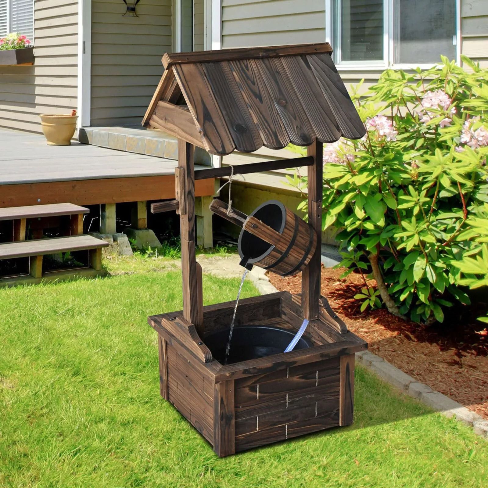 Outdoor Wishing Well Fountain, Wooden Decorative Water Feature For Backyard & Garden Outdoor Wishing Well Fountain, Wooden Decorative Water Feature For Backyard & Garden