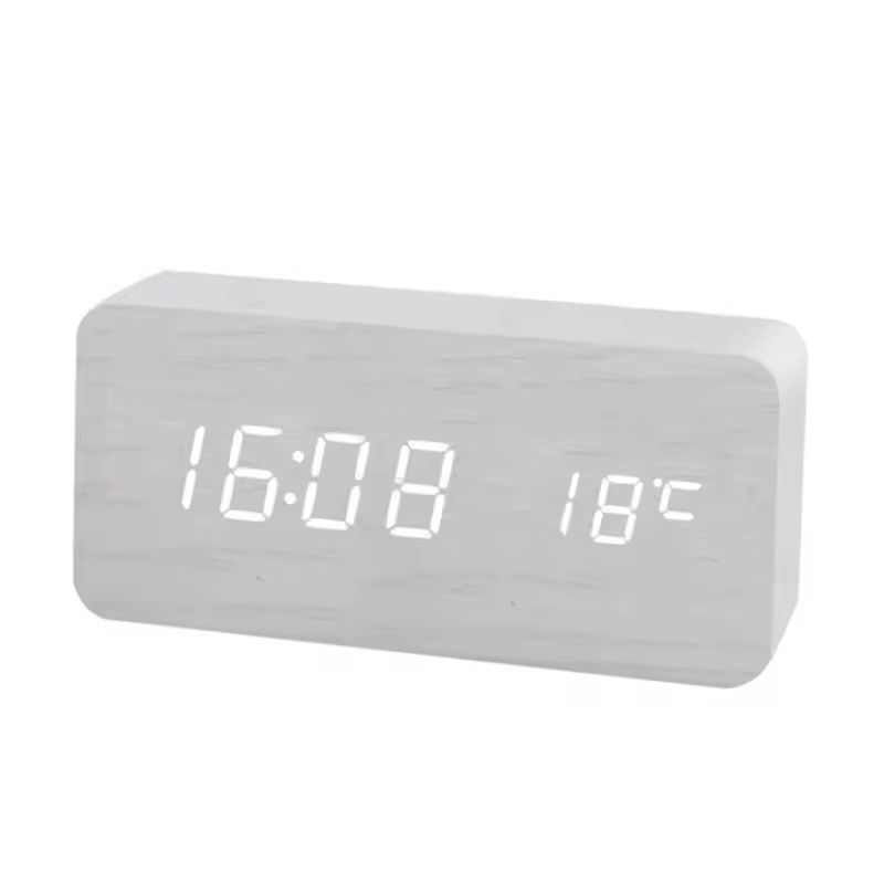 Wooden Digital LED Alarm Clock Minimalist Desk And Bedside Clock With Temperature And Sound Control Display white