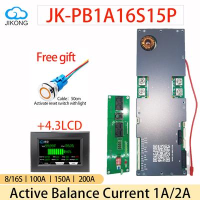 JK Inverter BMS Smart 8S 16S Li ion LiFePO4 BMS With 1A 2A Active Balance 100A 200A jk pb1a16s15p 4.3lcd