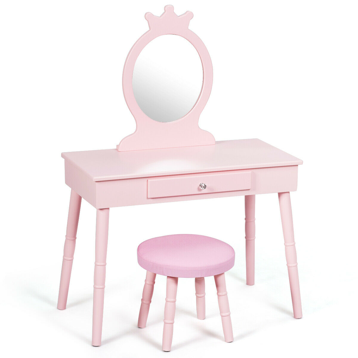 Pink Kids Wooden Princess Makeup Table Set With Cushioned Stool, Vanity Dresser With Real Mirror & Spacious Drawer Pink Kids Wooden Princess Makeup Table Set With Cushioned Stool, Vanity Dresser With Real Mirror & Spacious Drawer