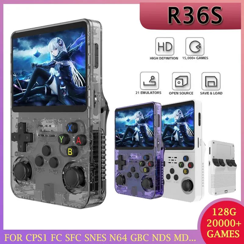 Retro Handheld Game Console, IPS Screen, Open Source Linux System, Portable Pocket Video Player violet 128g