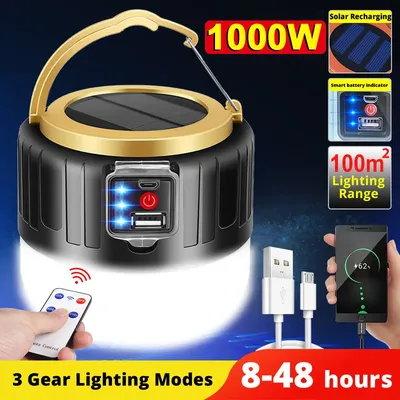 Portable Camping Light With Remote Control Solar USB Rechargeable LED Lantern Waterproof Outdoor Tent Light & Flashlight solar Charge Black