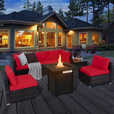 7 Piece Patio Furniture Set With 28 Inch 50,000 BTU Propane Gas Fire Pit Table, Outdoor Wicker Sofa & Coffee Table 7 Piece Patio Furniture Set With 28 Inch 50,000 BTU Propane Gas Fire Pit Table, Outdoor Wicker Sofa & Coffee Table