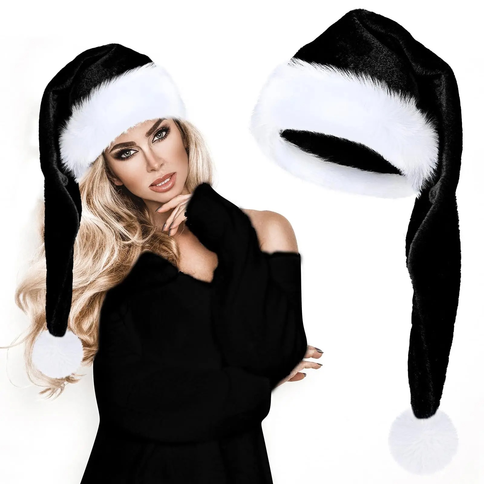 Festive Black & Red Santa Plush Hat Kids & Adults Christmas Decoration black 70cm