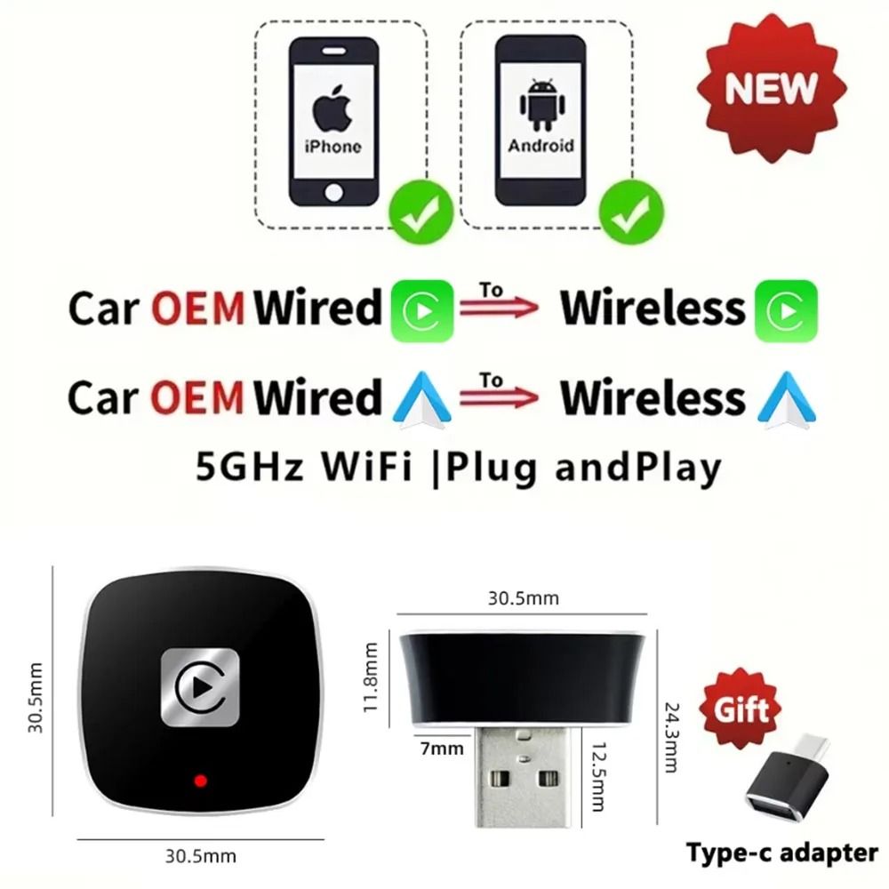 CarPlay Wireless AI Box Adapter With Android Auto 5G Smart Dongle For IPhone And Android Devices type C