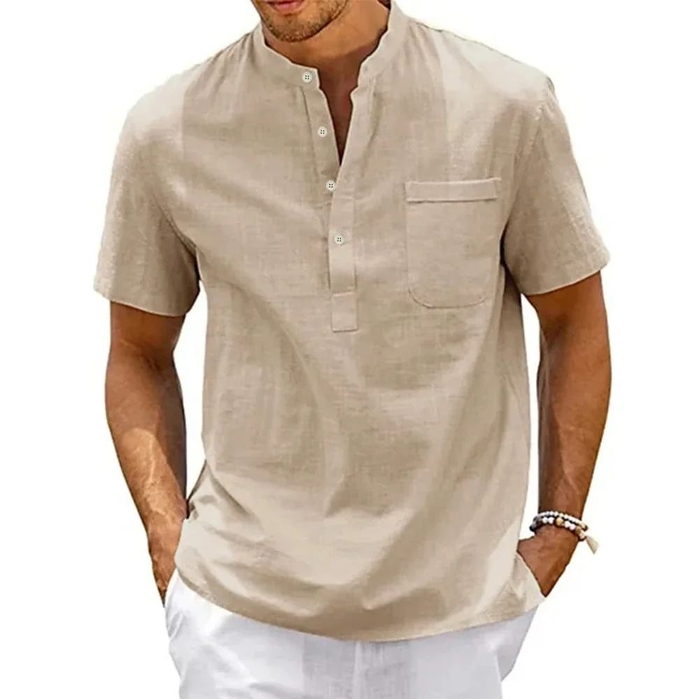 Mens Cotton Linen Short Sleeve Shirt With Henley Neck And Pocket For Casual Beachwear And Street Style 3xl khaki