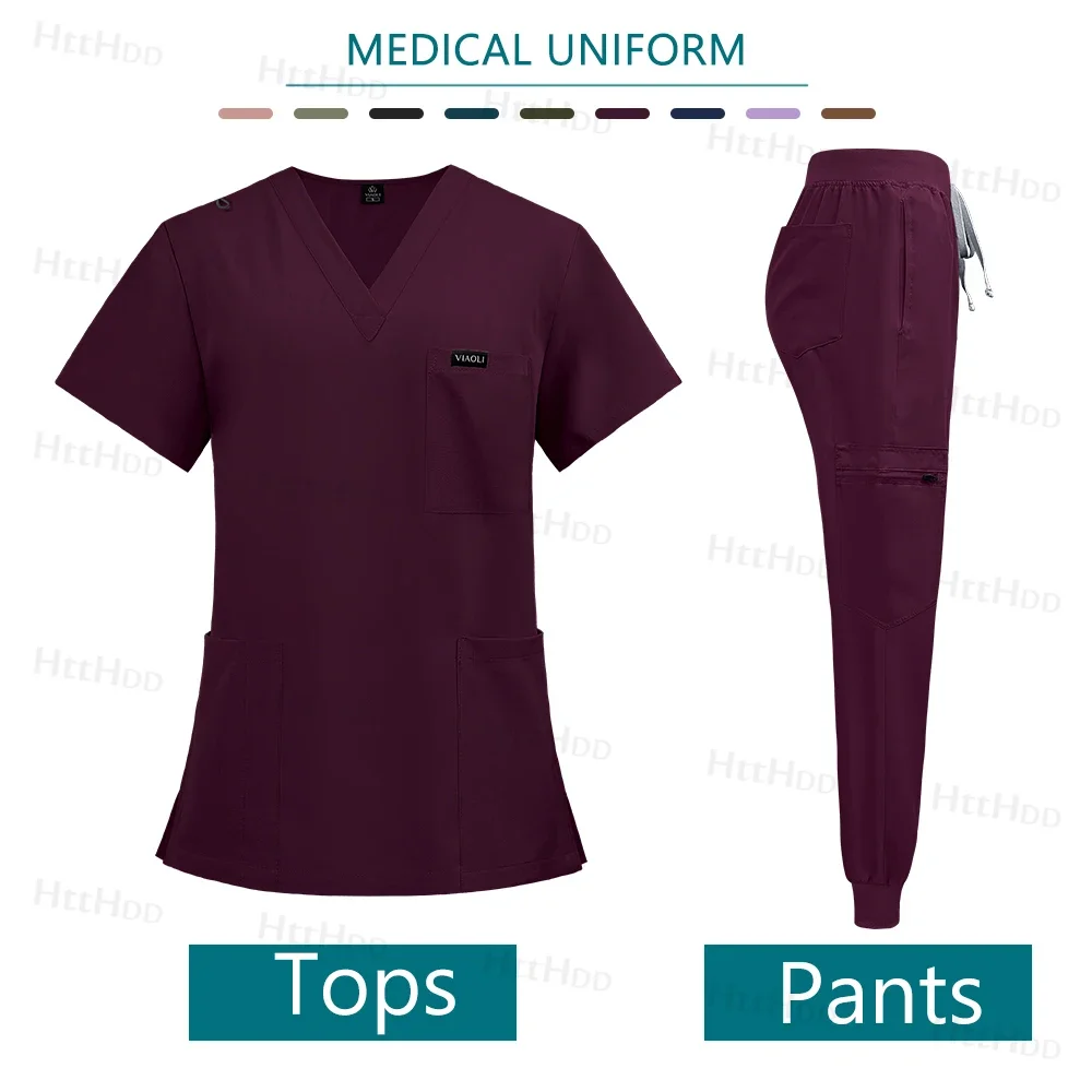 Medical Scrubs Jogger Set For Women & Men, Doctor Nurse Uniform Shirt & Pants, Hospital Workwear, Operating Room burgundy m