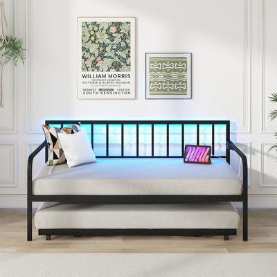 Twin Daybed With Charging Station And LED Lights, Pop Up Trundle Bed Frame For Kids Teens Adults, Metal Sofa Bed Twin Daybed With Charging Station And LED Lights, Pop Up Trundle Bed Frame For Kids Teens Adults, Metal Sofa Bed