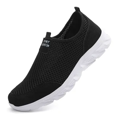 Breathable Mesh Men Running Shoes, Lightweight Summer Sneakers Casual Walking Slip On Loafers Driving Zapatos Casuales black White 43