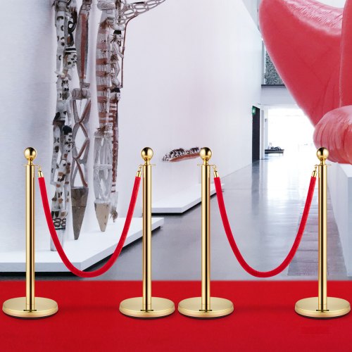 Elegant Crowd Control Barriers, 4 Gold Stainless Steel Stanchion Posts With 5ft Red Velvet Ropes For Events, Parties Elegant Crowd Control Barriers, 4 Gold Stainless Steel Stanchion Posts With 5ft Red Velvet Ropes For Events, Parties