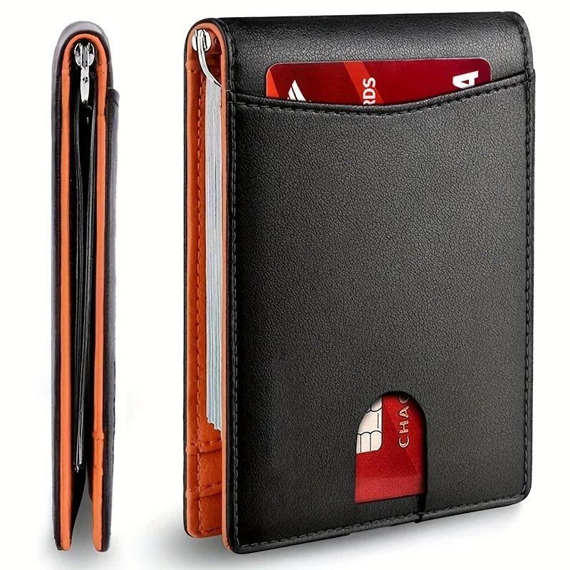 Synthetic Leather Slim Smart Wallet For Men, RFID Blocking Credit Card Holder With Money Clip, Thin Minimalist Wallet black Orange