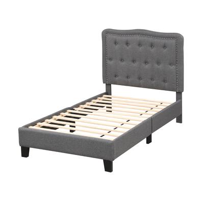 Twin Size Bed Frame With 46 Inch Tall Button Tufted Headboard, Gray Upholstered Platform Bed With Linen Fabric Twin Size Bed Frame With 46 Inch Tall Button Tufted Headboard, Gray Upholstered Platform Bed With Linen Fabric