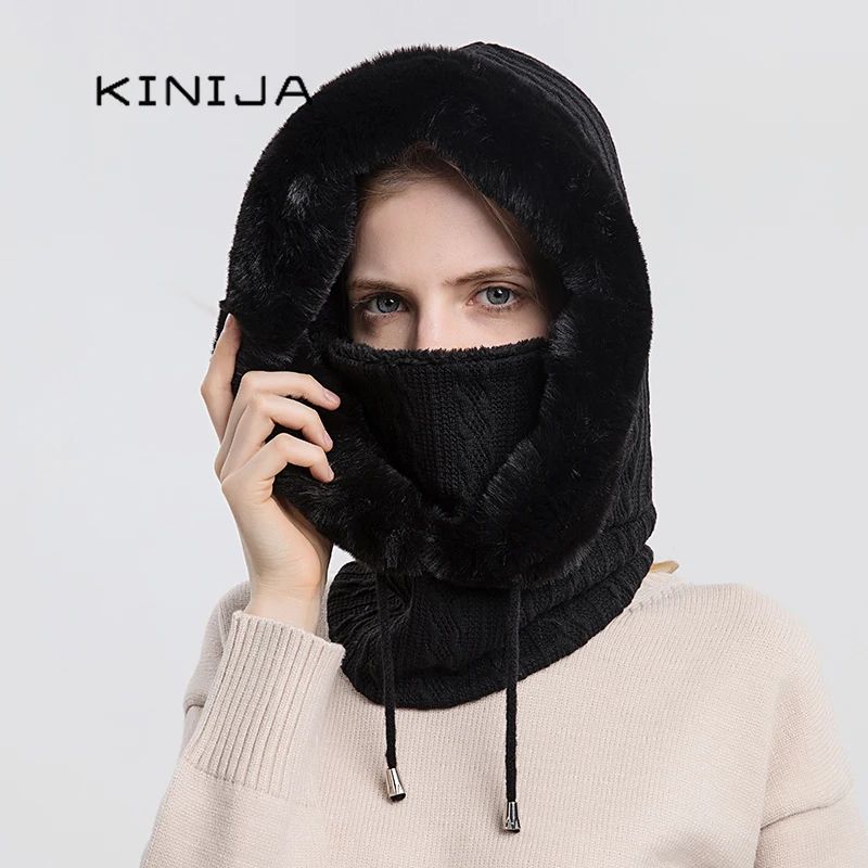 Women Winter Fur Cap Mask Set, Hooded Knitted Cashmere Balaclava Ski Hat With Thick Fluffy Beanies & Neck Warmer H pink
