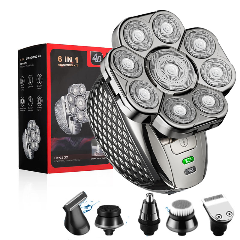 Rechargeable Men Bald Head Shaver With 9 Floating Blades, Beard, Nose & Ear Trimmer, Electric Razor, Facial Grooming Kit kit