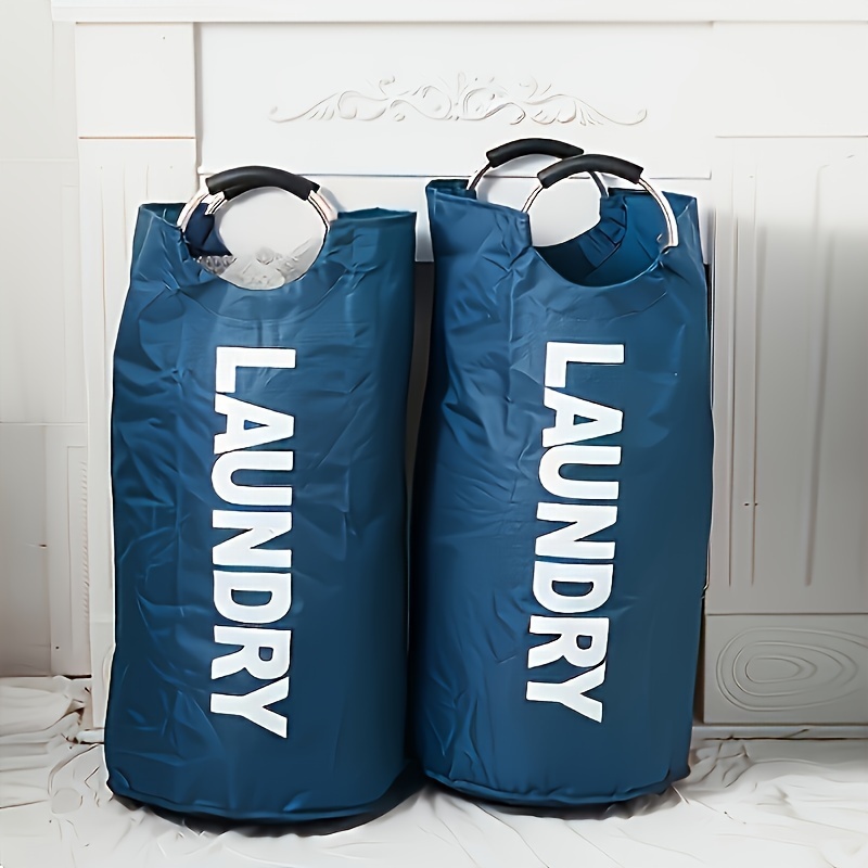 Large Waterproof Laundry Basket Foldable, Contemporary Round Polyester Blend Hamper With Aluminum Handles For Bathroom 1pc Deep Blue