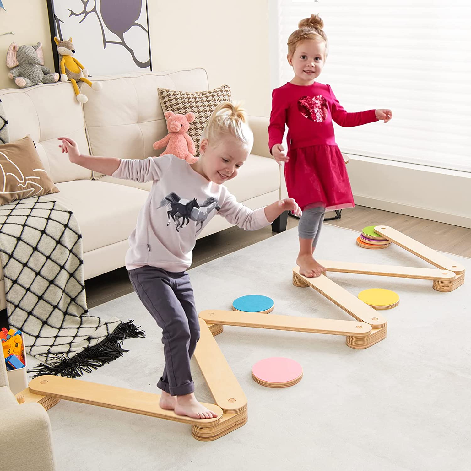 12 Piece Kids Wooden Balance Beam With Colorful Stepping Stones, Montessori Motor Skill & Balance Toy 12 Piece Kids Wooden Balance Beam With Colorful Stepping Stones, Montessori Motor Skill & Balance Toy