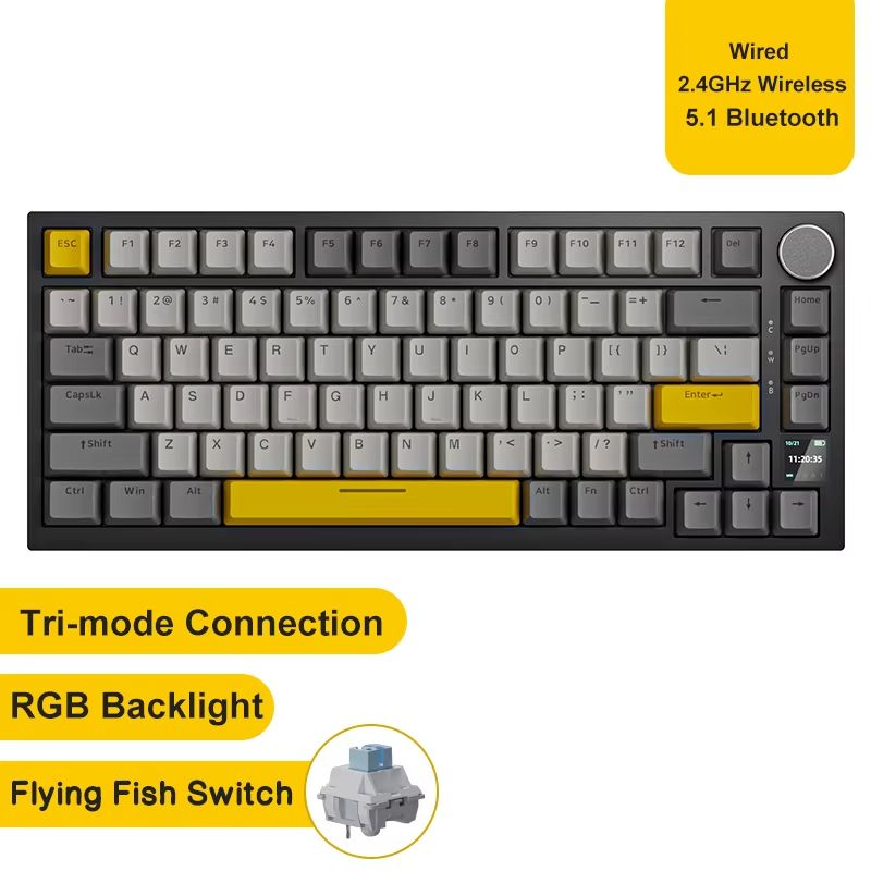 Ajazz AK820Pro Wireless Mechanical Gaming Keyboard Hot Swappable, Gasket Mounted, With Customizable Knob ak820pro Grey1