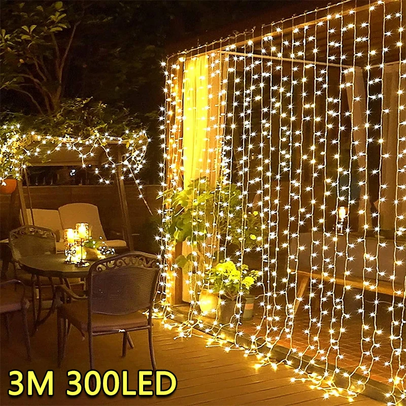 LED Fairy Curtain String Lights USB Garland Lamp 8 Lighting Modes For Christmas, Wedding, New Year & Home Decoration warm White 300led(3m X 3m)
