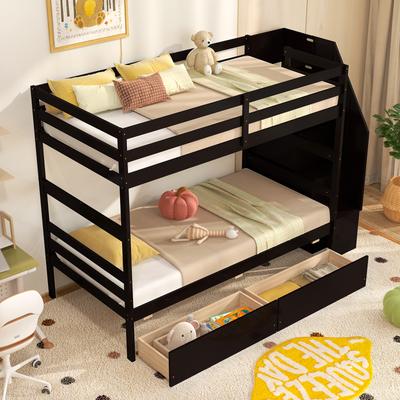 Twin Over Twin Bunk Bed With Storage Stairs & Built In Drawers, Space Saving Kids Bed Twin Over Twin Bunk Bed With Storage Stairs & Built In Drawers, Space Saving Kids Bed